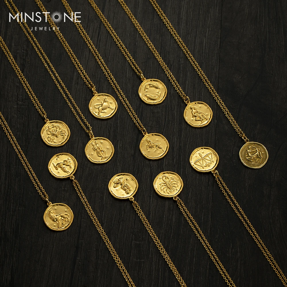 Zodiac sign Coin Embossed Choker Astrology Horoscope 14K Gold Plated Necklace Personalized jewelry Gift for Women