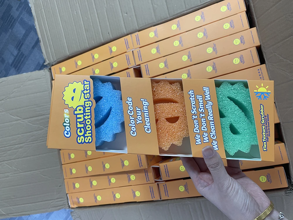 Factory Custom 3pcs Pack Color Box Scrub Smiley Face Sponge for Kitchen Washing Deep Cleaning Temperature Control Scratch-Free