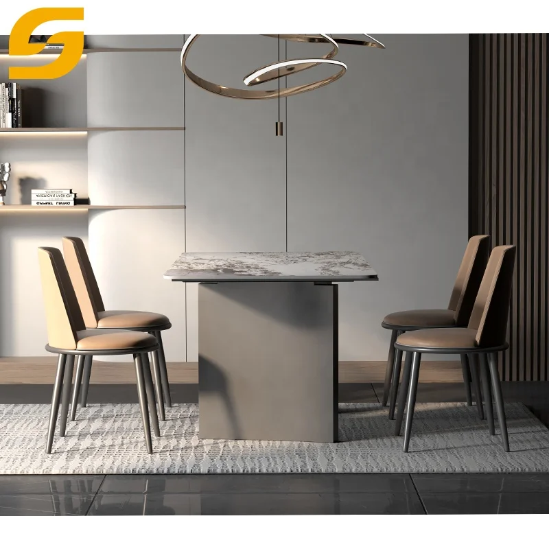 Modern Home Furniture Simple Luxury Design 6 Seater Dining Table Set Stainless Steel Base Rectangle Sintered Stone Dining Table