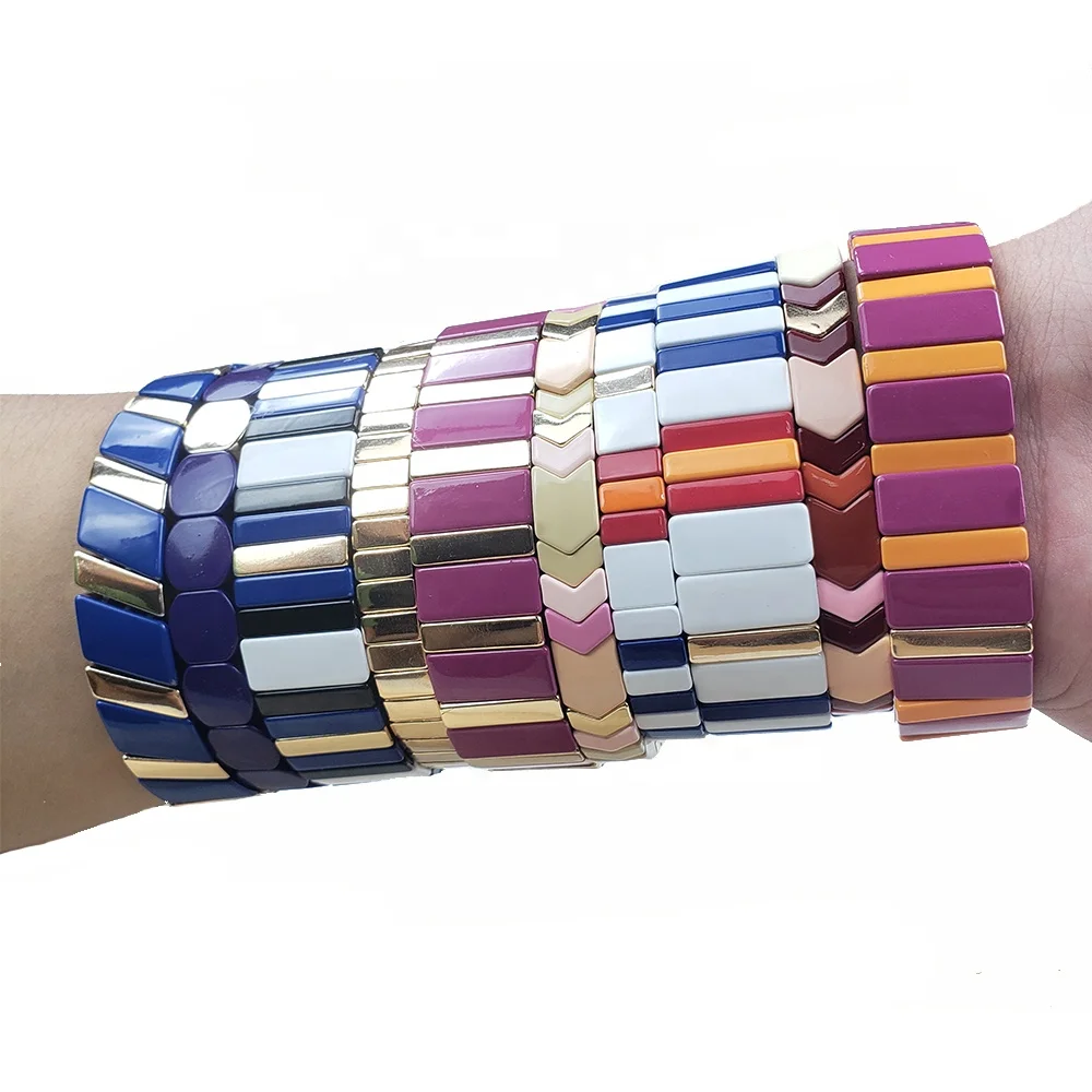 Factory Directly Wholesale Enamel Alloy Tile Bead Bracelet Enamel Tile Stackable Bracelets For Women