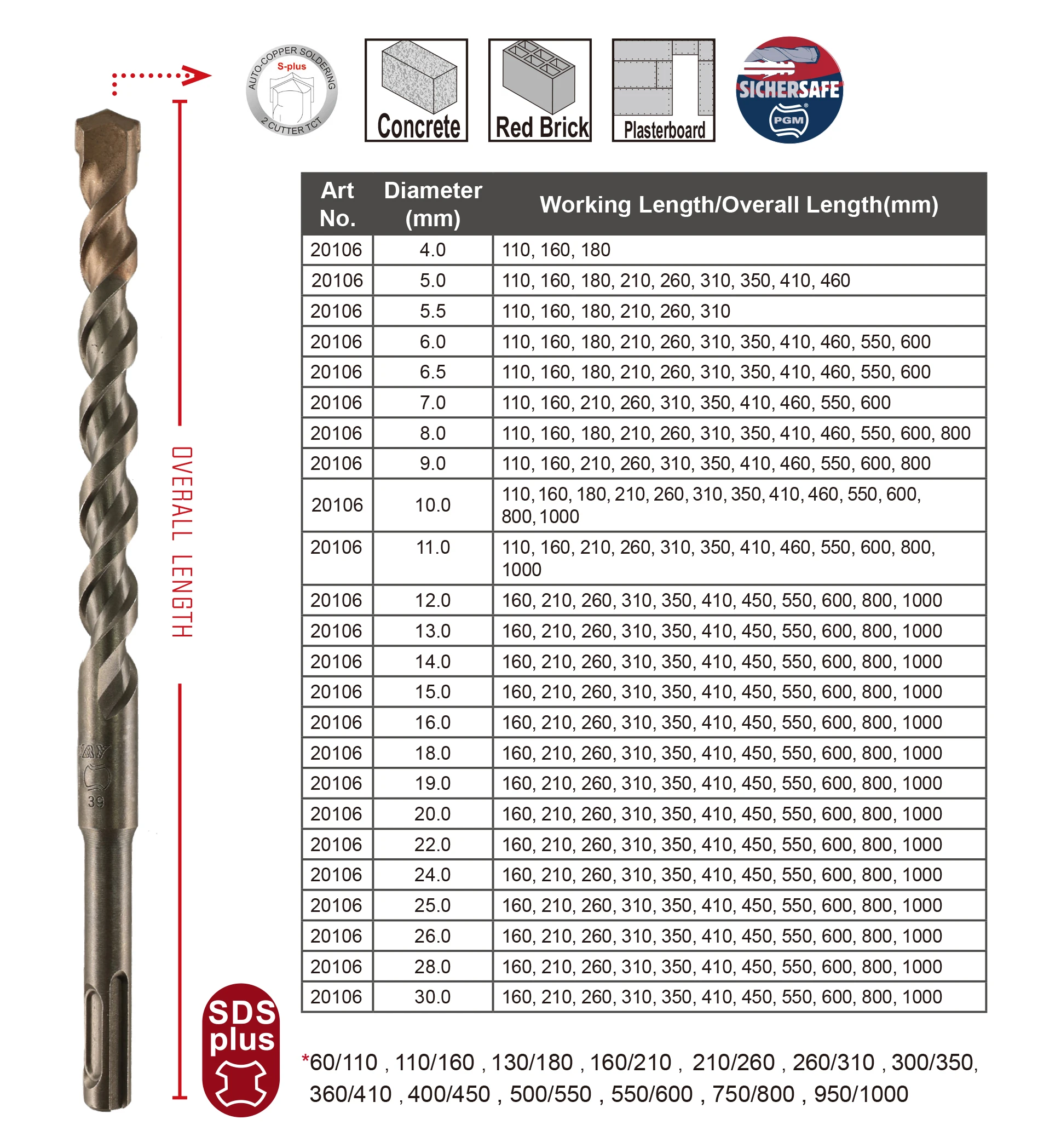 TOOLWAY 6.5mm SDS plus Hammer Drill Bits masonry drills bit for stone concrete brick drilling