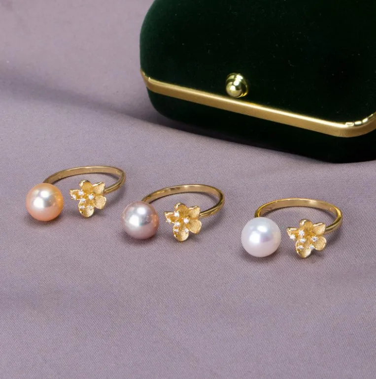 
Korean hot-selling jewelry flower freshwater pearl ring S925 silver opening adjustable three color diy customization 