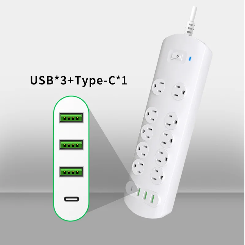 USA Standard 10 Outlets Electrical Multiplug Extension Lead Extension Board Plug Socket Surge Protector 4 Port USB Power Strip