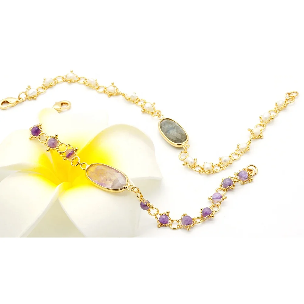 Wire Wrapped Natural Stone Bracelet Adjustable, Gold Bracelet Women Jewelry