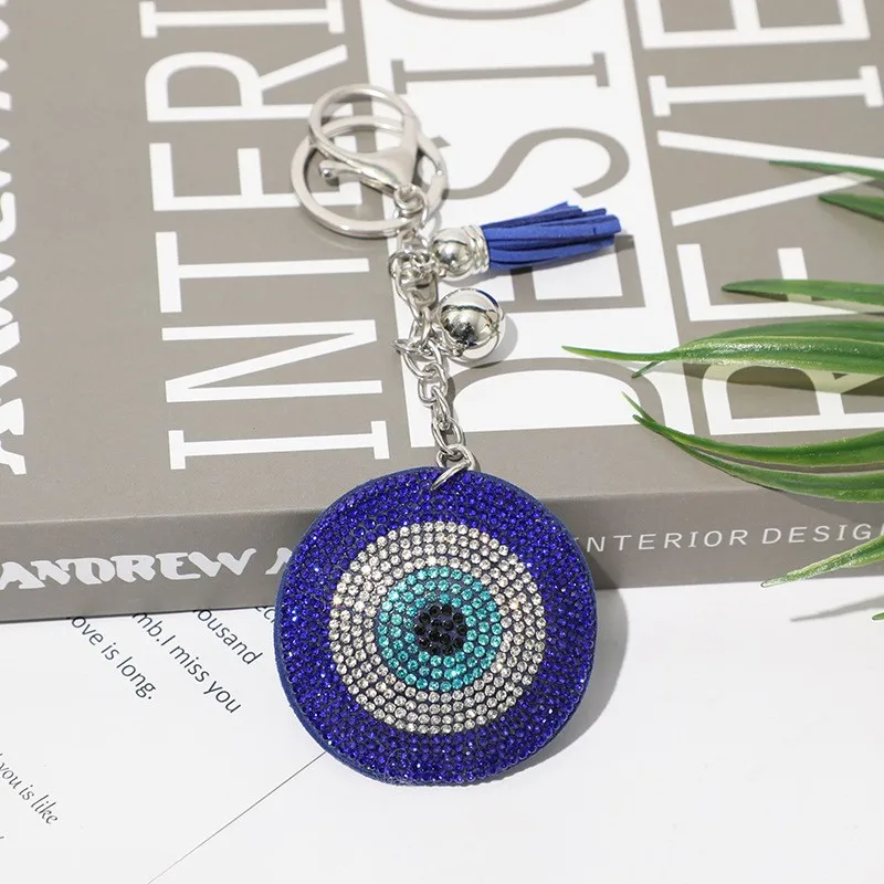 Fashionable Car Bag Pendant Accessories Round Blue Diamond Crystal Evil Eye Fatima Key Ring Rhinestone Hamsa Hand Key Chain