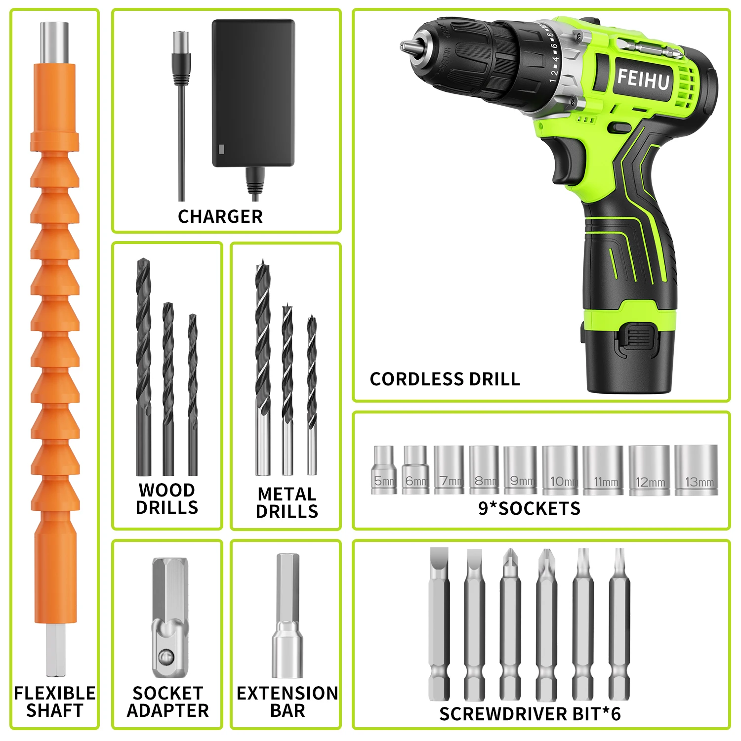 28pcs Electric Cordless Power Drill Set 12V Lithium-ion Battery Charger Brushed Motor Screwdriver Tools Box