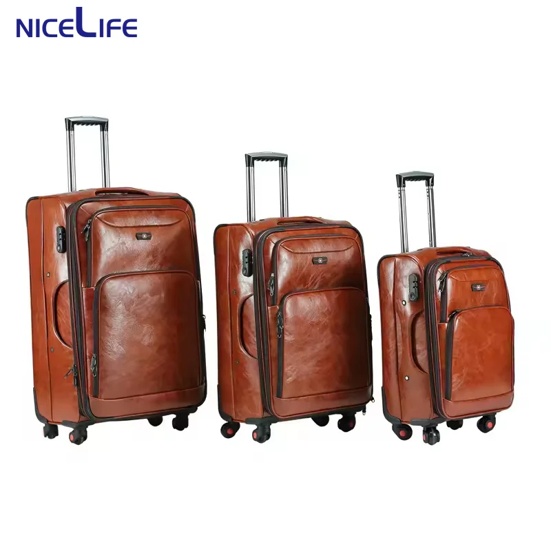 High Quality PU Leather Suitcase 20/24/28inch Carry on Vintage Trolley Luggage Waterproof Travelling Luggage Bag