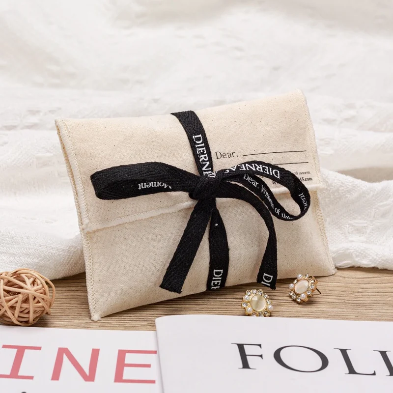 Chuanghua Custom Logo Printed Envelope Muslin Calico Pillow Wallet Pouch Bag Natural Ribbon Canvas Envelope Dust Bag