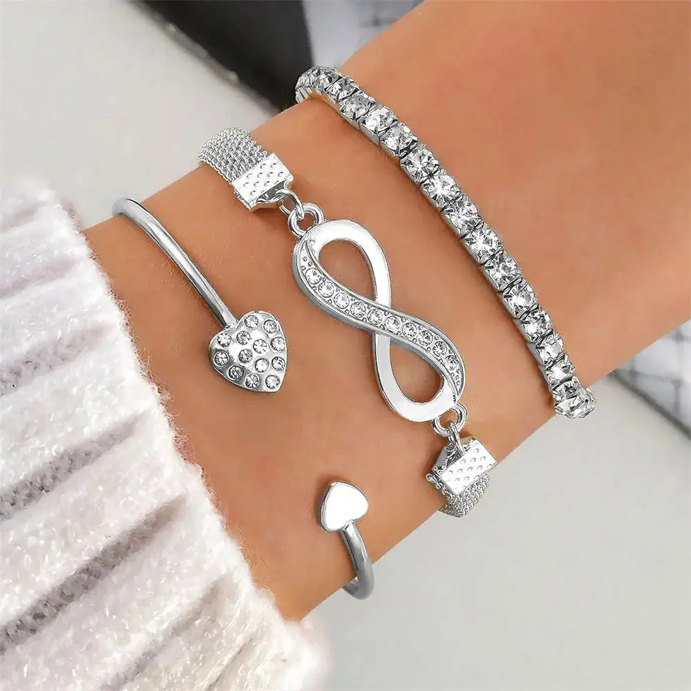 Custom Women Crystal Peach Heart Open Charm Bangle Girls Bracelet Set Multilayer Infinity Full Diamond Heart Bracelet