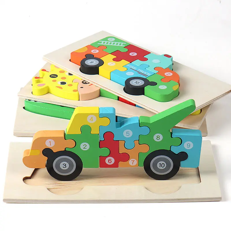 Wooden Cartoon 3D Dinosaur Animal Car Jigsaw Puzzle Board Games Toddler Early Educational Montessori Toys For Kids Boys Girls