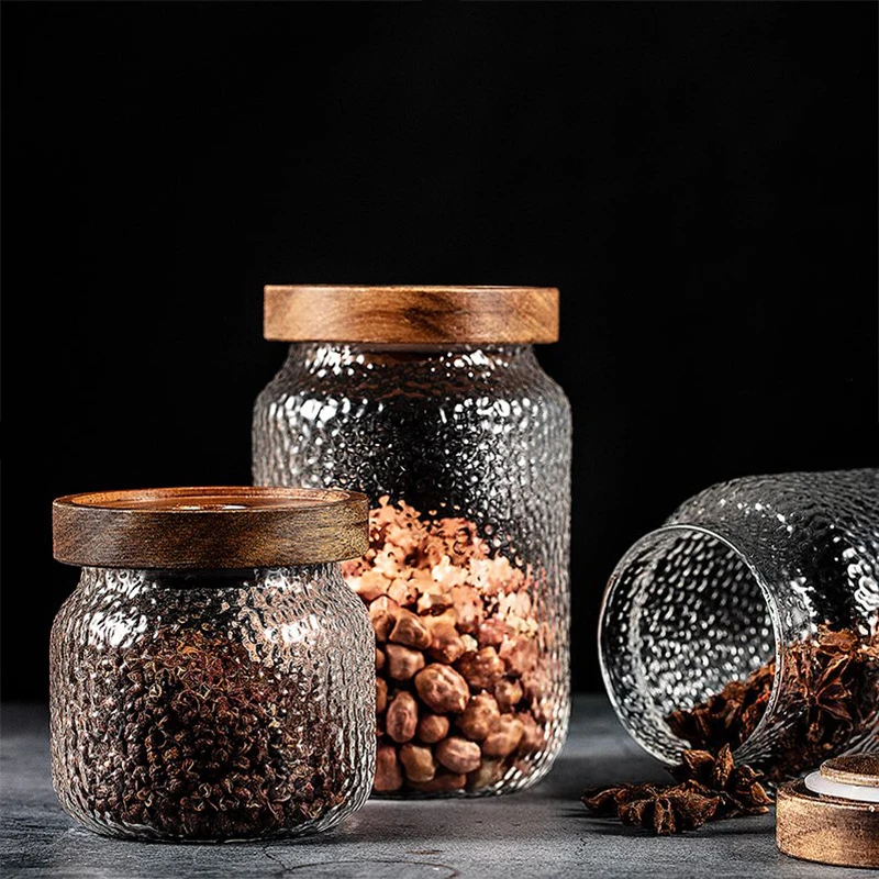 300ml 500ml Custom Stackable Rice Candy Kitchen Canisters Clear Glass Food Storage Jars Containers With Wooden Lids