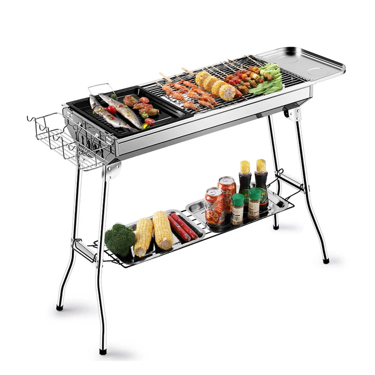 Outdoor Charcoal Grill 2 In 1 Smoker Kabob BBQ Grill Machine Stainless Steel Grill for Camping