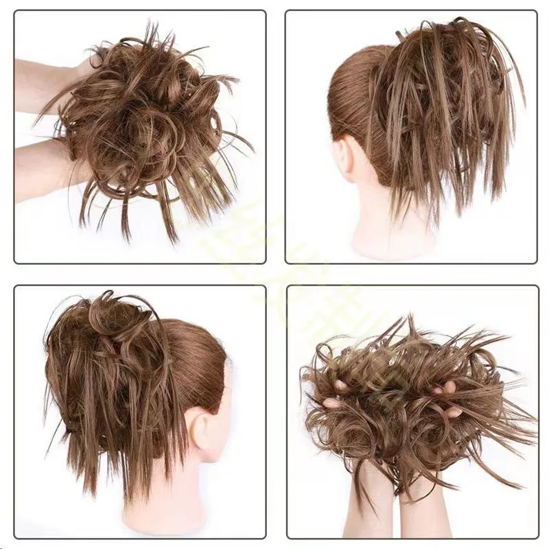 Women and Girls Curly Scrunchie Chignon Hair Bun With Rubber Band Synthetic Hair Ring Wrap On Messy Hair Bun Ponytails