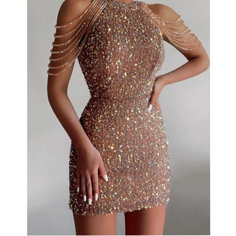 2022 New arrival fashion sexy sequins tassel slim fit elegant gown sleeveless solid color temperament halter mini evening dress