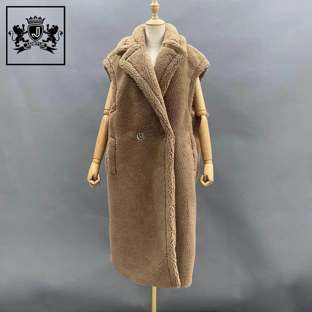 New design ladies winter thick teddy vest coat women oversize real sheep shearling vest