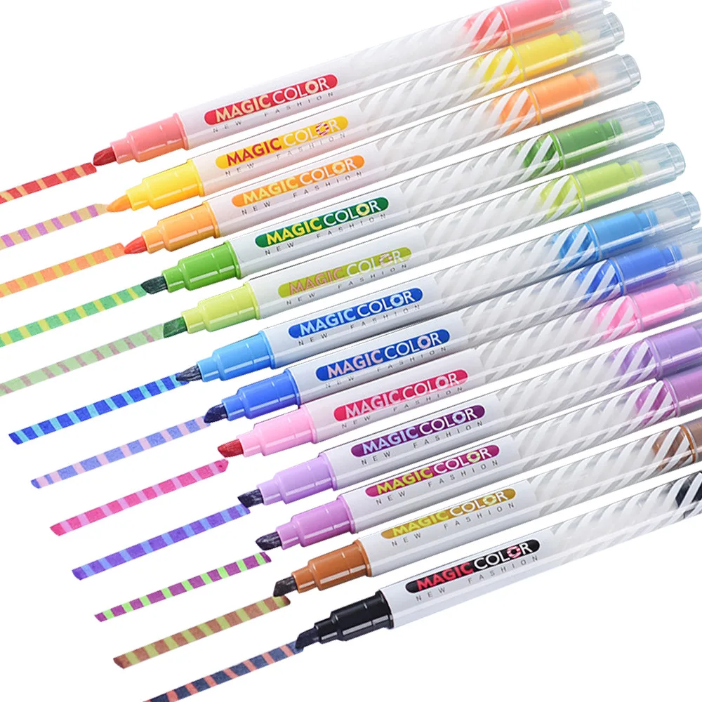 Hot Selling 12 Magic colors highlighter pen set Dual-side fluorescent erasable marker Liner drawing art pen