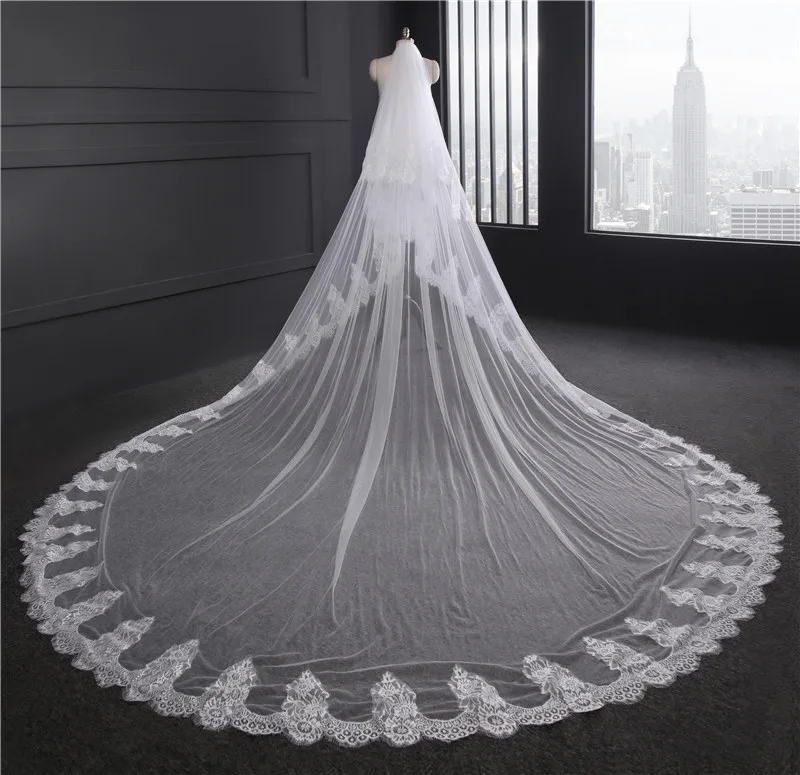 Morili  Luxury long starfish lace 2 layers Ivory  width 300cm * 350cm length cathedral wedding veil  for bride with comb MPB24