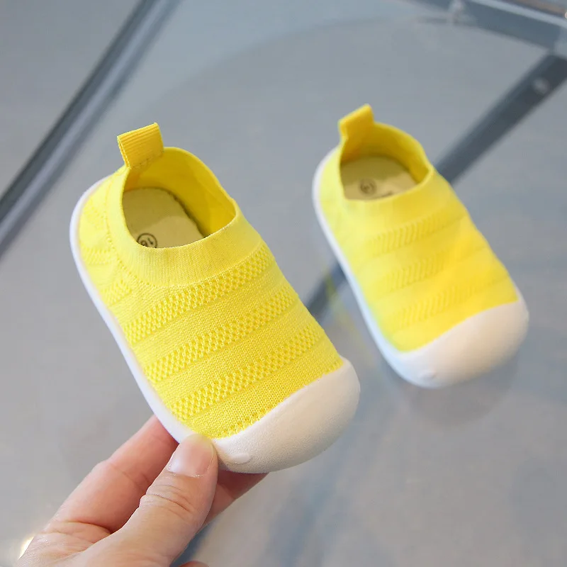 Spring Fall Toddlers Shoes Fly Woven Upper Mesh Shoes Stretch Knit Breathable Upper Low Top Baby Shoes Slip-Ons Bright Yellow