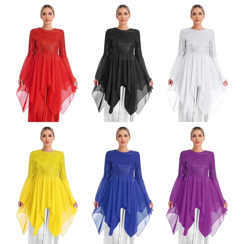 Womens Liturgical Dance Performance Shiny Sequins Patchwork Worship Tunic Round Neck Flared Sleeve Asymmetrical Hem dance Dress