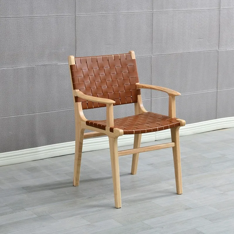 Guangdong furniture walnut wooden solid wood armchair nordic luxury pu brown woven saddle leather strap upholstered dining chair