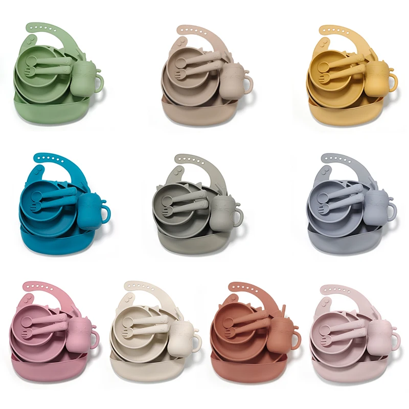 Cat Animal Food Grade Silicone Baby Feeding Set Bpa Free Plate Bowl Bib Cup Fork And Spoon Baby Feeding Dinnerware Set