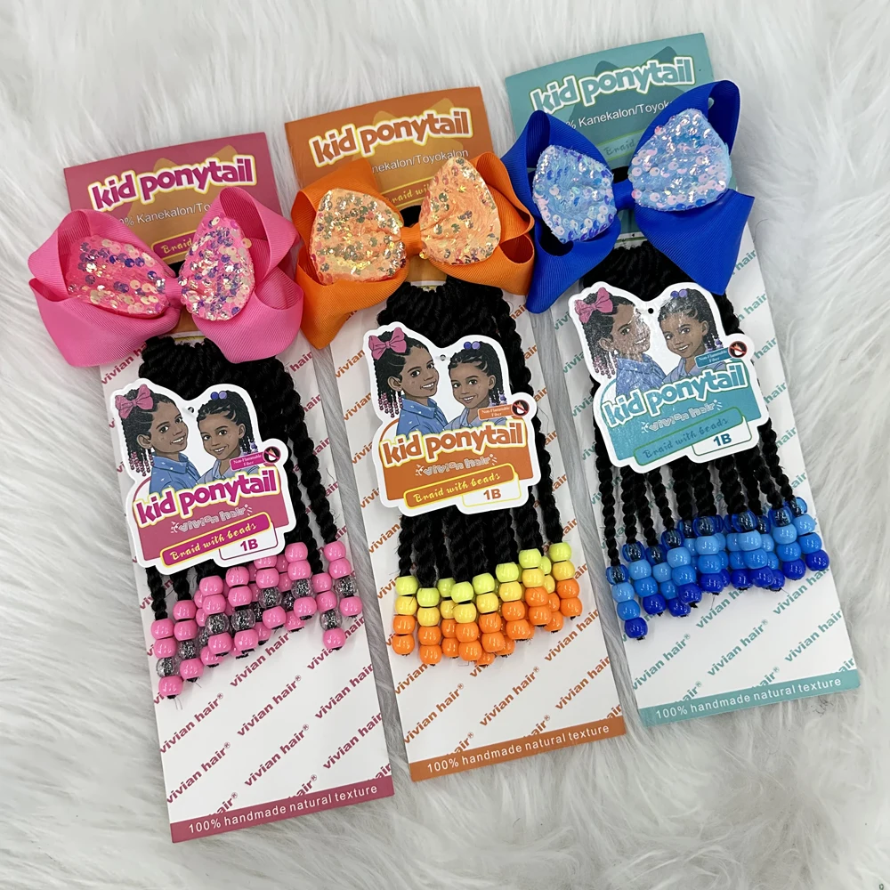 Pink glitter bow with beads ponytail rose pink color 6inch 8inch kids braided ponytail with sengel twist box braid styles