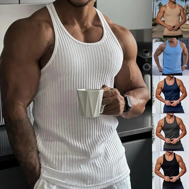 Summer streetwear custom printed high quality sustainable quare collar muscle fit 100% organic cotton ribbed tank top for men