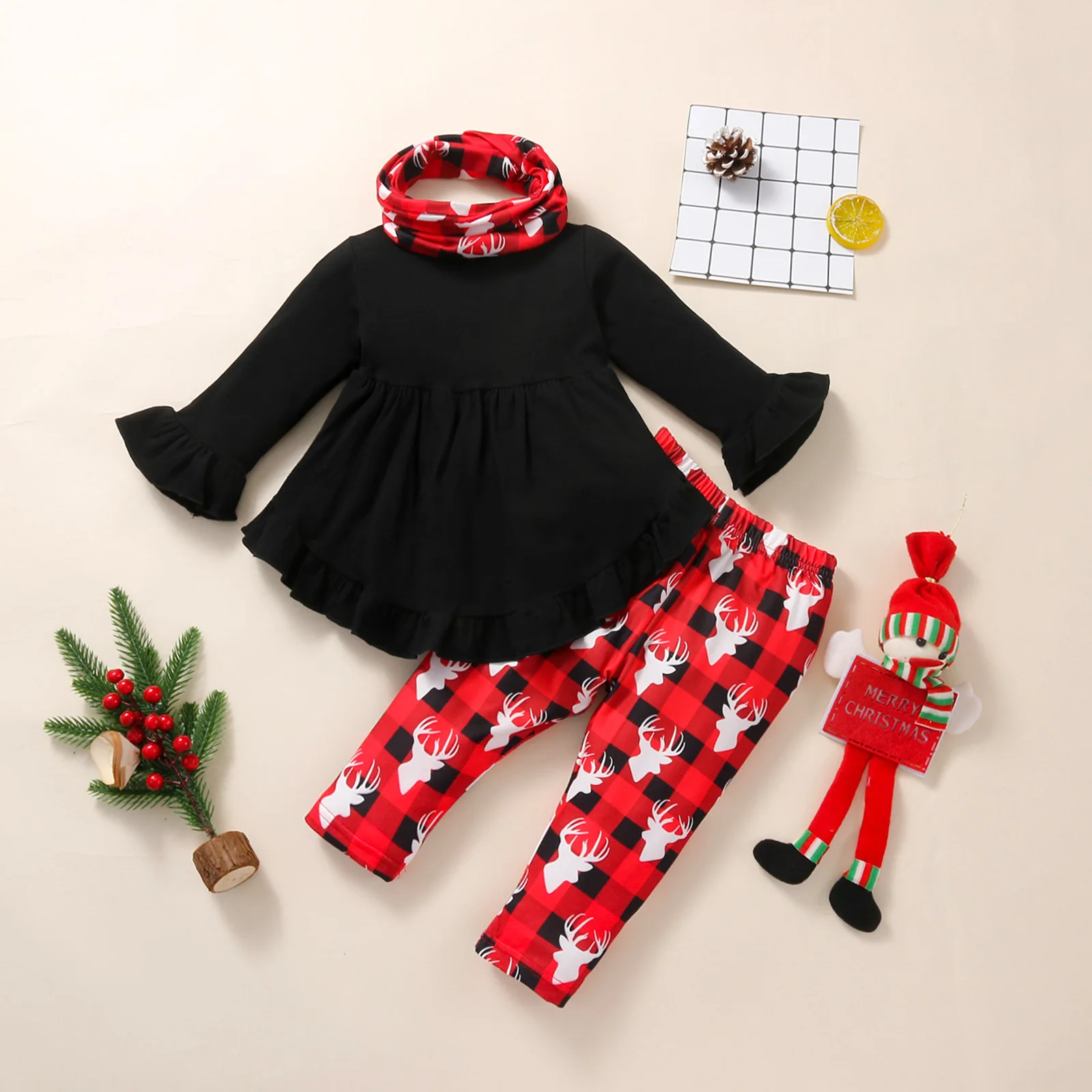 Toddler Kids Christmas Costume Baby Girl Clothes Sets Long Sleeve Long T-shirt+Deer Pants+ Headband New Years Baby Clothing Set