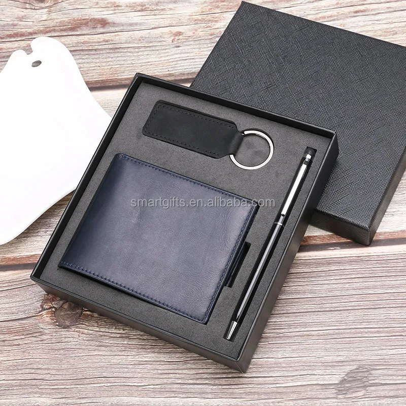 High Quality exquisite 3pcs Real Leather Card Wallet pen Keychain Birthday Celebration VIP Box Gift Sets Luxury For Men