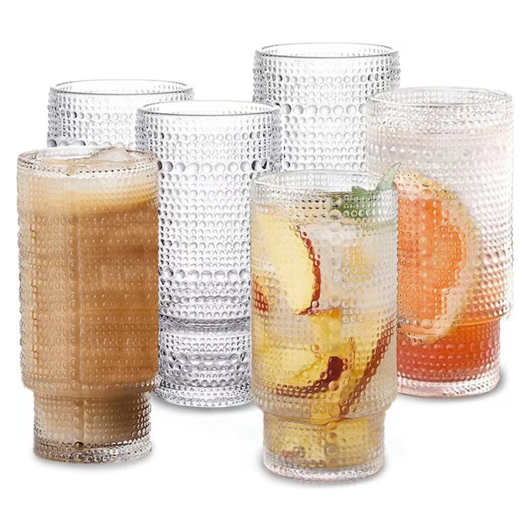 16oz Vintage Embossed Glass Cups Ice American Coffee Cup Stackable Bead Pattern Drinking Glasses