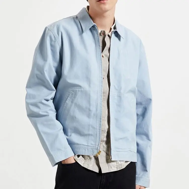 Men canvas jackets light blue men work jackets two welt pockets on the front