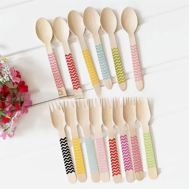 Eco-Friendly Bamboo Spoon Cutlery Biodegradable Disposable Customized Logo Printed Wooden Knife Fork And Spoon For Ice Cream