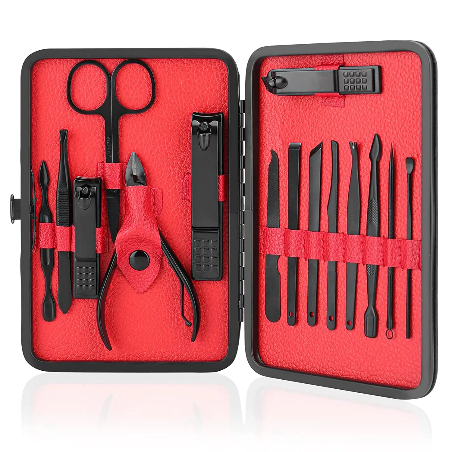 Маникюр педикюр набор кусачки для ногтей 15 в 1 из нержавеющей стали педикюра ножницы стрижки животных комплект с Черный кожаный чехол
