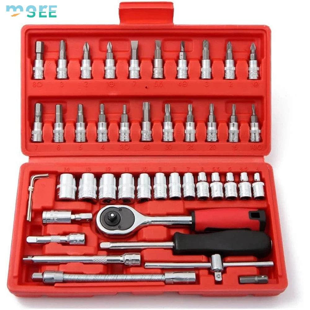 SeeMore Brand Auto Repairing and Household Metric and Extension Bar 46 Pieces 1/4 inch Drive Socket Ratchet Wrench Set