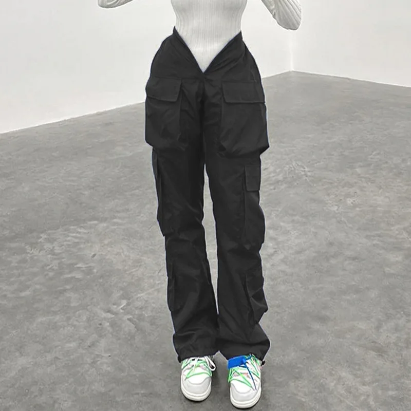 BH890 women Solid color fashion trend cargo  pants  4 pockets irregular high waist loose casual pants