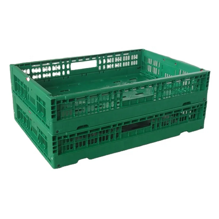 wholesale supermarket use 600x400x120 mm food grade collapsible stackable perforated type plastic storage folding crate