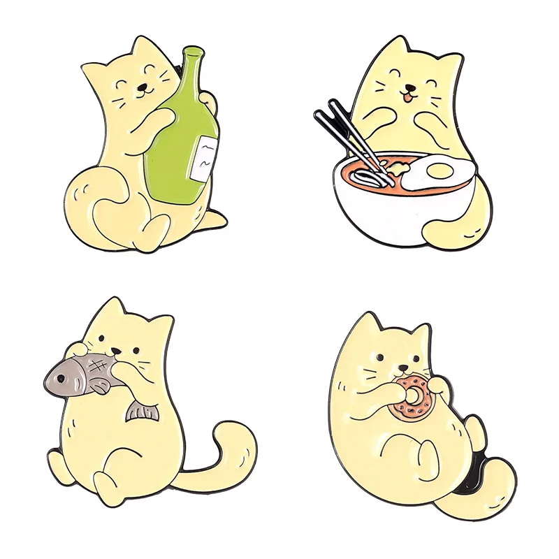 Japanese cartoon animal alloy jewelry creative cute greedy cat stealing fish shape enamel badge pin