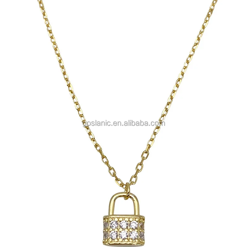 Trendy 925 Silver Diamond Minimalist Cz Designer Lock Charm Pendant Gold Filed Necklace Chain