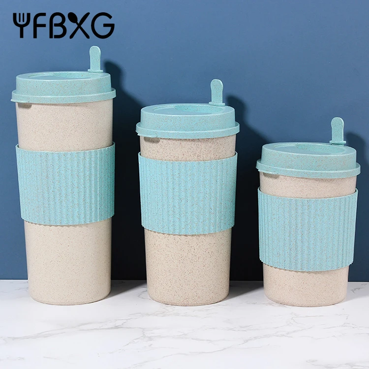 Hot selling wheat straw fiber coffee cup set with cover and stirrer stick