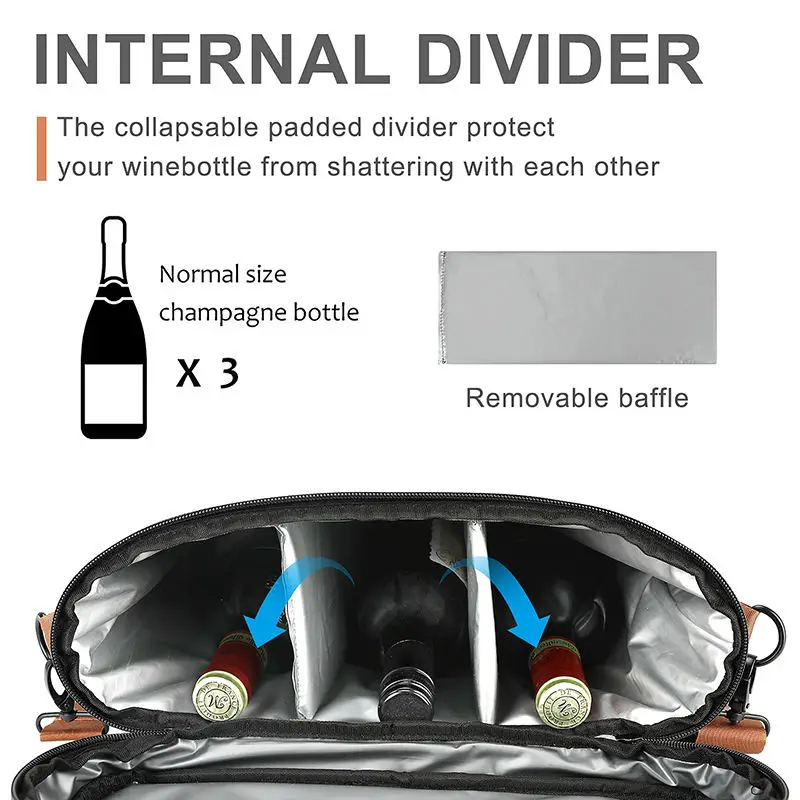 OEM Foldable Travel Cooler Bags Sac Isotherm Wine Carrier 3 Bottle Capacity Tote Bag For Wine Lover Gift Leakproof Picnic Bag