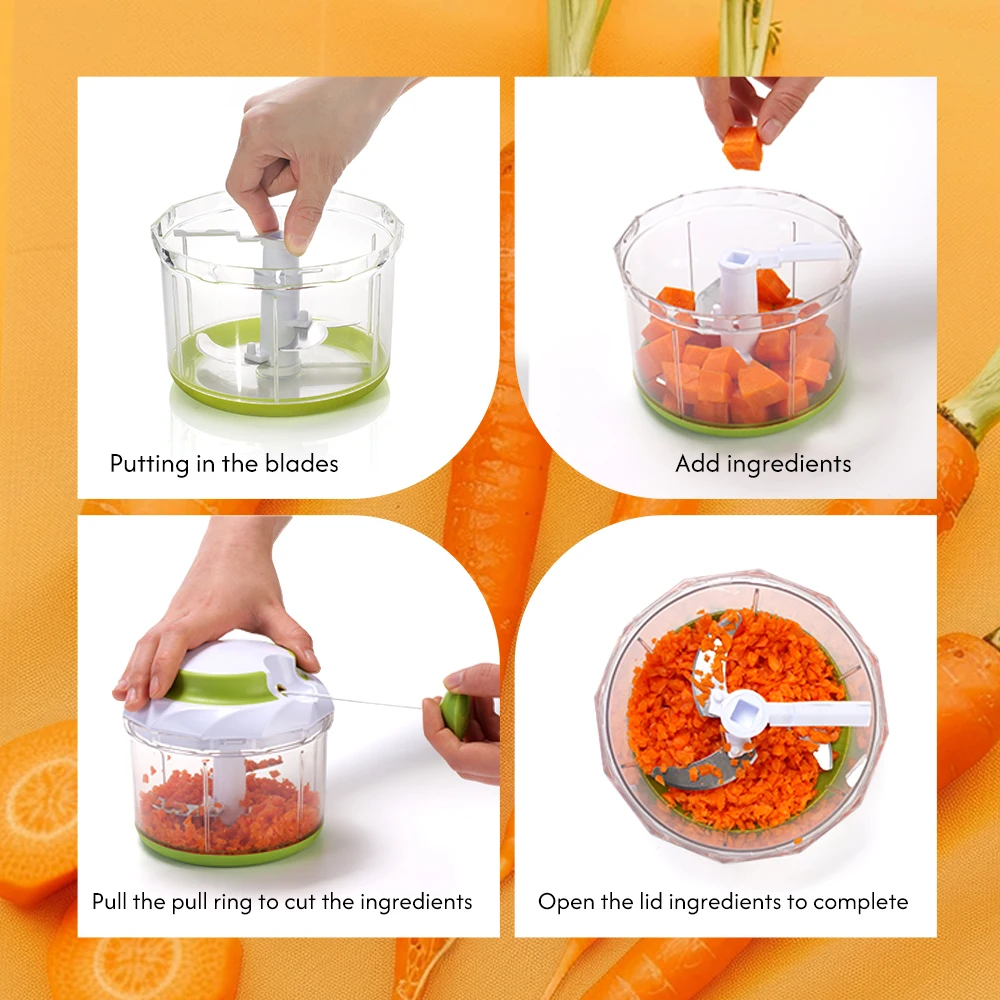 Manual Food Processor Vegetable Chopper Mini Hand Pull String Onion Chopper Garlic Mincer Cutter with 3 Stainless Steel Blades