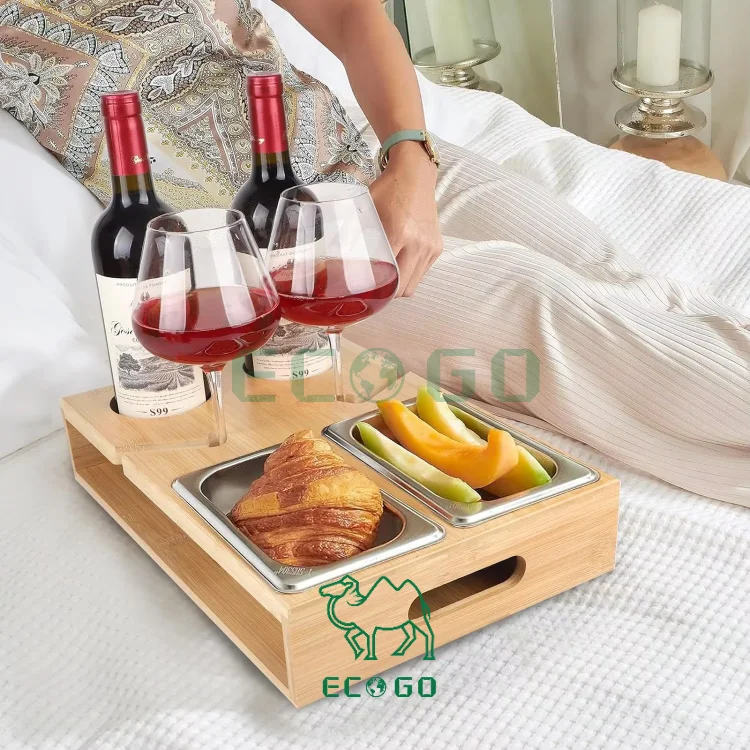 Bamboo Couch Snack Caddy With 2 Wine Glass Holder Couch Bar Snack Box for Sofa Bed Food Box Snack Couch Tray Kit