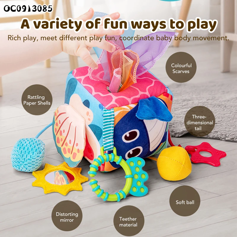 Hanging blocks baby 6 in 1 multifunction activity cube cloth soft sensory toys tissue box