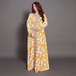 2022 new arrival Islamic clothing Arabic Muslim women abaya dress yellow print sequins gold lace Moroccan dresses