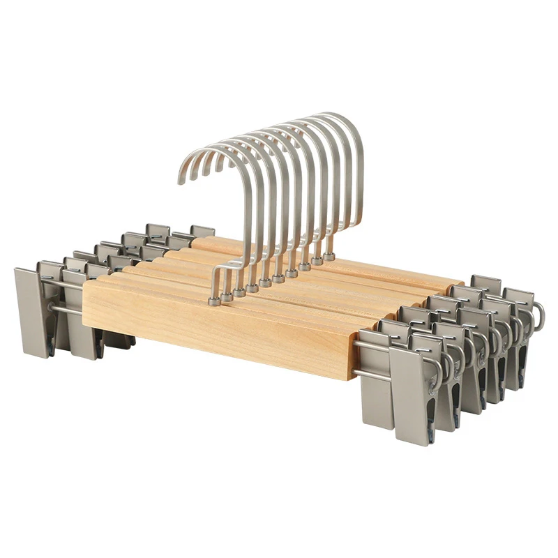 Wholesale Natural Color Widen Top Clothes Suit Solid Wood Hangers with Flocking Bottom Pant Hanger for Garment Store