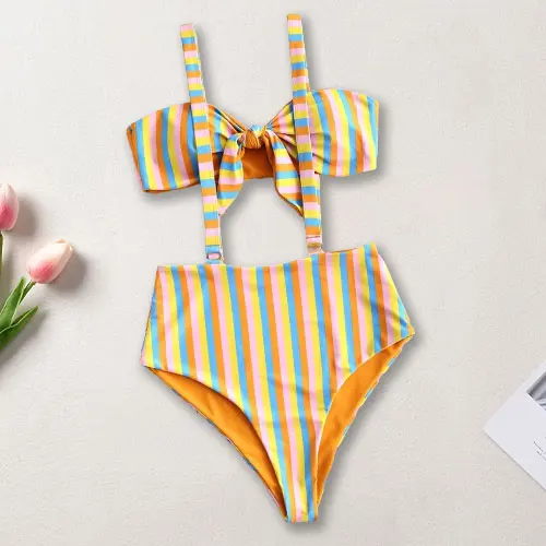 Wholesale High Waisted  Bikini Striped Bikini Womens Underwear Sexy Swimwear Swimwear Custom Swimsuit Women