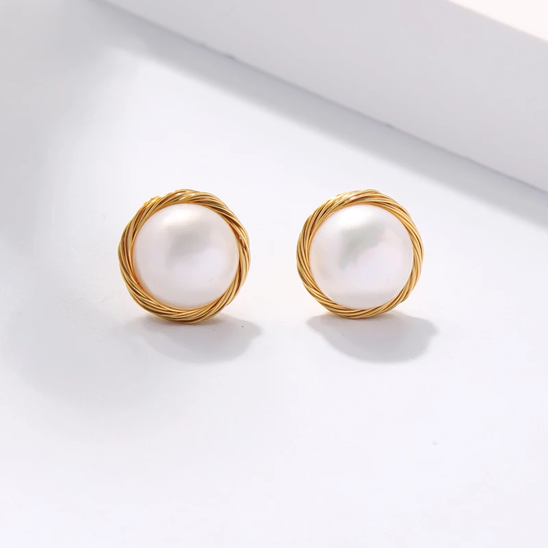 1968 New Natural Pearl Stud Earrings Handmade Copper Wire Winding Earrings For Women Fashion Jewelry