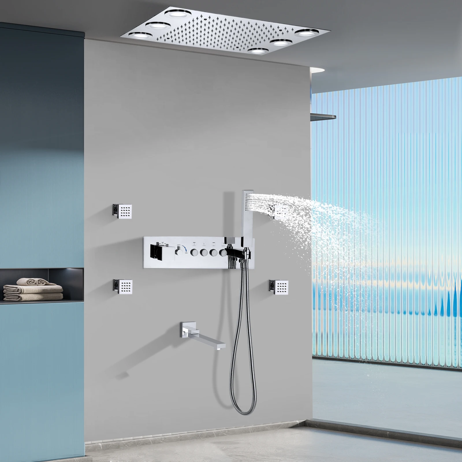 Bathroom Ceiling 20*14 inch LED Shower System Rainfall Chrome Thermostatic Valve body With Water Flow Control Lever Shower Set