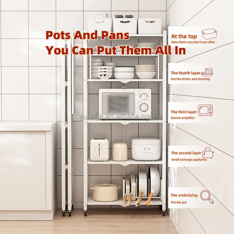 3/4/5 Layers Shelves Foldable Metal Shelf Rack Mobile Kitchen Storage Organizer shelving unit