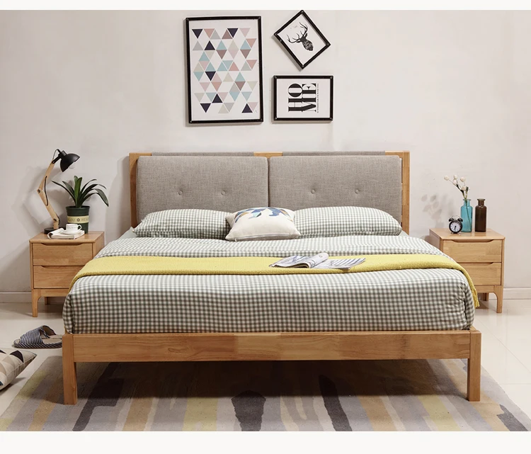 Firsthand Price Wholesale Solid Wood Bedroom Furniture Bed Platform with Upholstered Cushioned Headboard Bed Frame For Hotels
